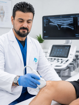 Male doctor in a white coat and blue gloves performs a knee ultrasound on a patient, using an ultrasound probe while a monitor sits in the background.