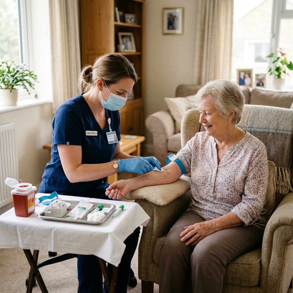 Nurse in blue scrubs and mask draws blood from an elderly woman at home, seated on a sofa.