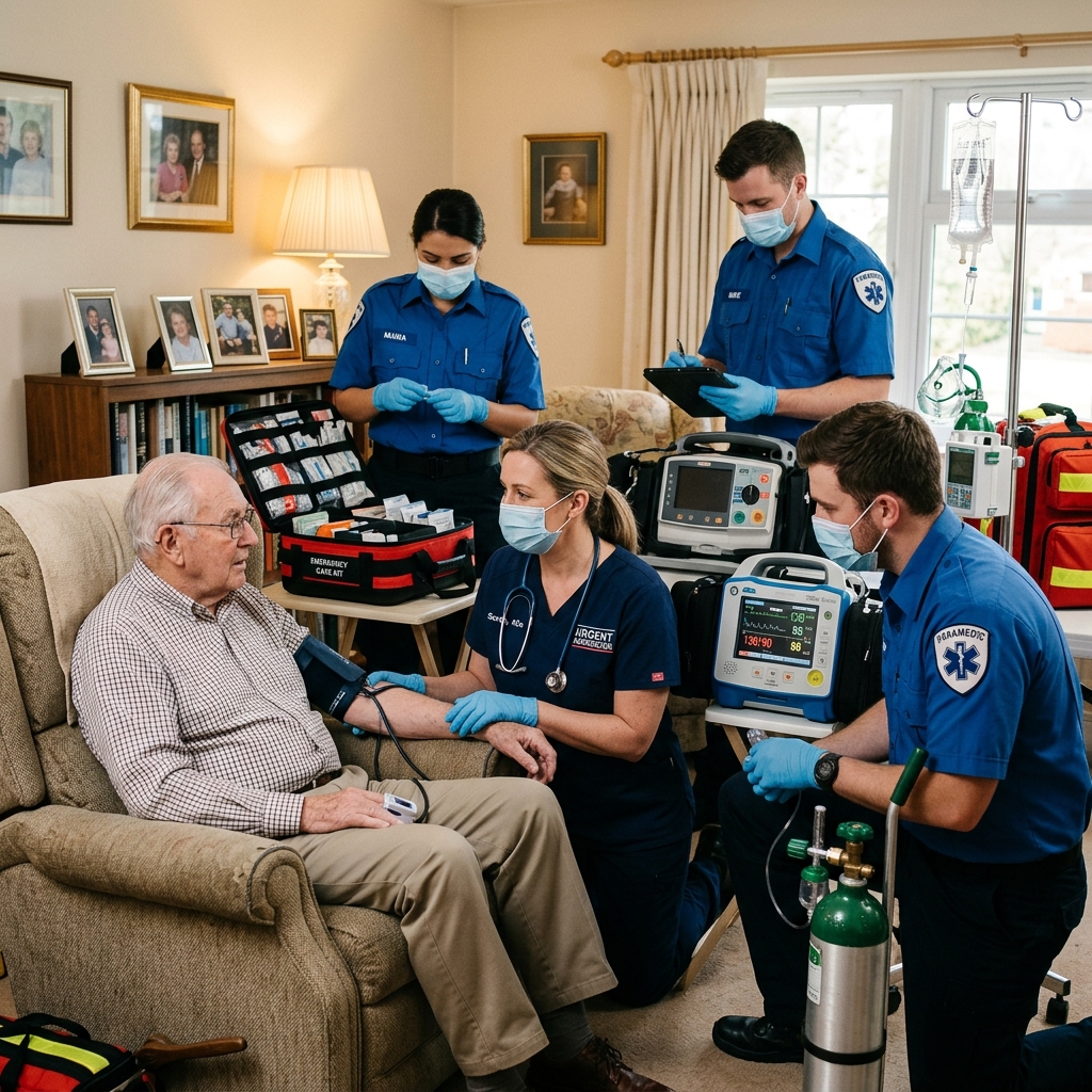 Emergency responders in blue uniforms wearing masks attend to an elderly man at home; a nurse takes his blood pressure while others monitor with medical equipment present.