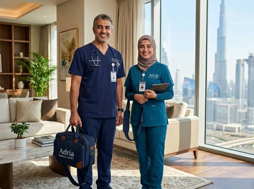 Two healthcare professionals, a man in navy scrubs and a woman in teal scrubs, stand in a bright modern living room with a city skyline outside.