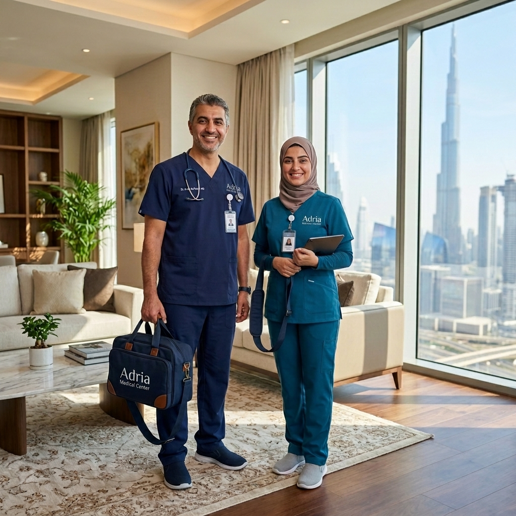 Two healthcare professionals, a man in navy scrubs and a woman in teal scrubs, stand in a bright modern living room with a city skyline outside.