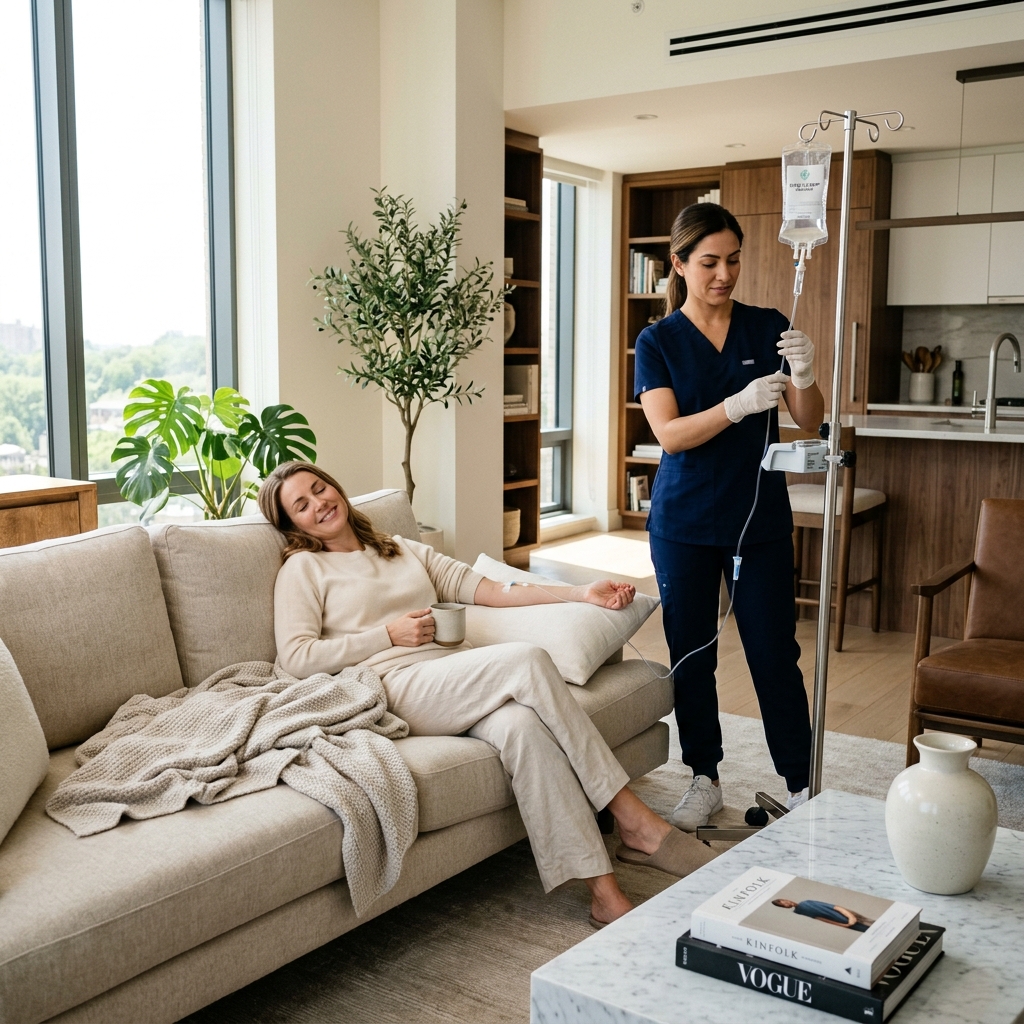 Nurse in navy scrubs connects an IV line to a patient relaxing on a sofa at home, delivering in-home infusion therapy.