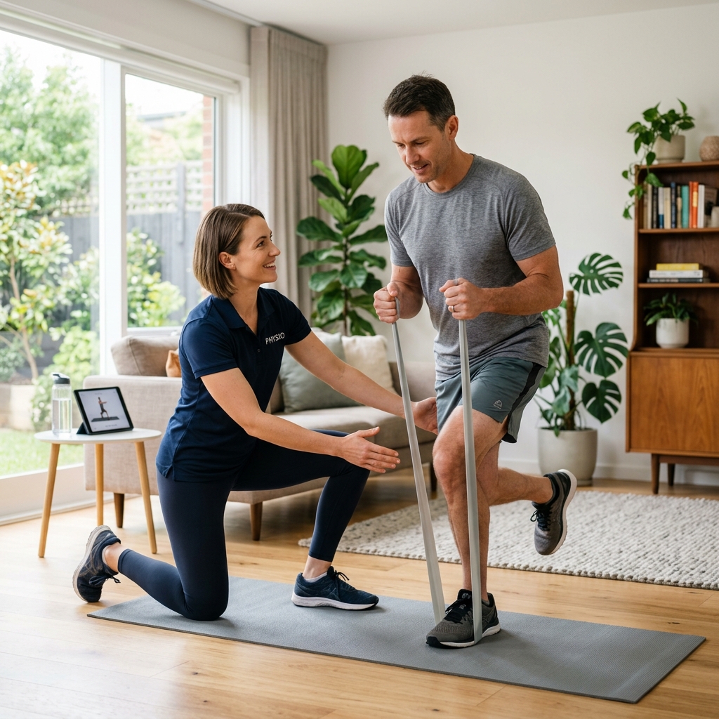 Physical therapist assists a man doing a leg-strengthening rehab exercise at home, using poles for support on a mat in a bright living room.