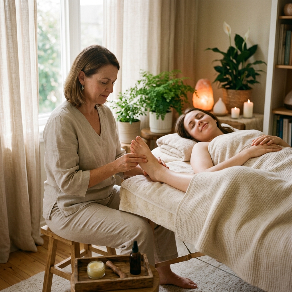 Therapist seated on a stool gives a foot massage to a client resting on a padded table in a sunny, plant-filled room with candles.