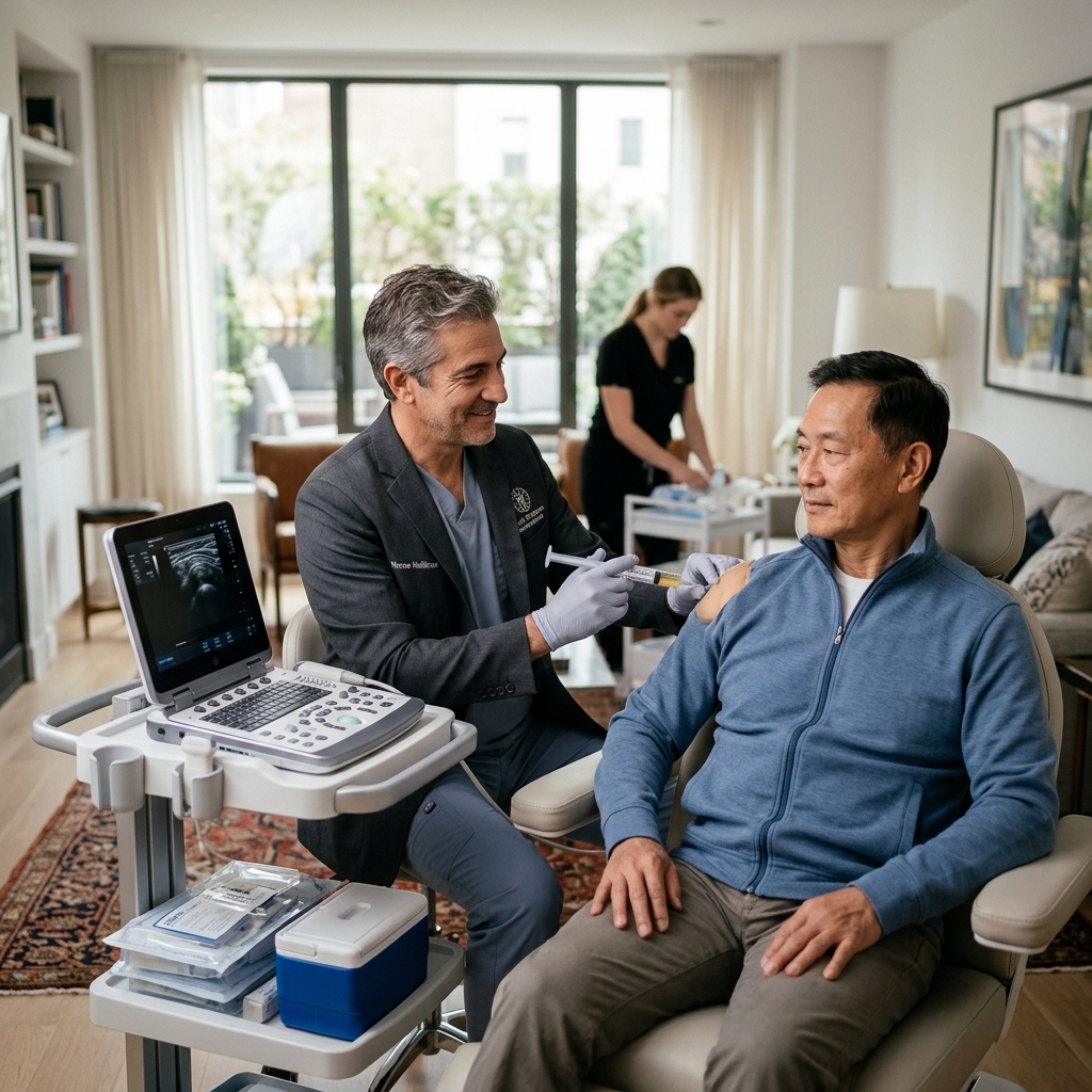 Medical professional in scrubs and gloves administers a vaccine to a man's upper arm in a bright living room–clinic setting.
