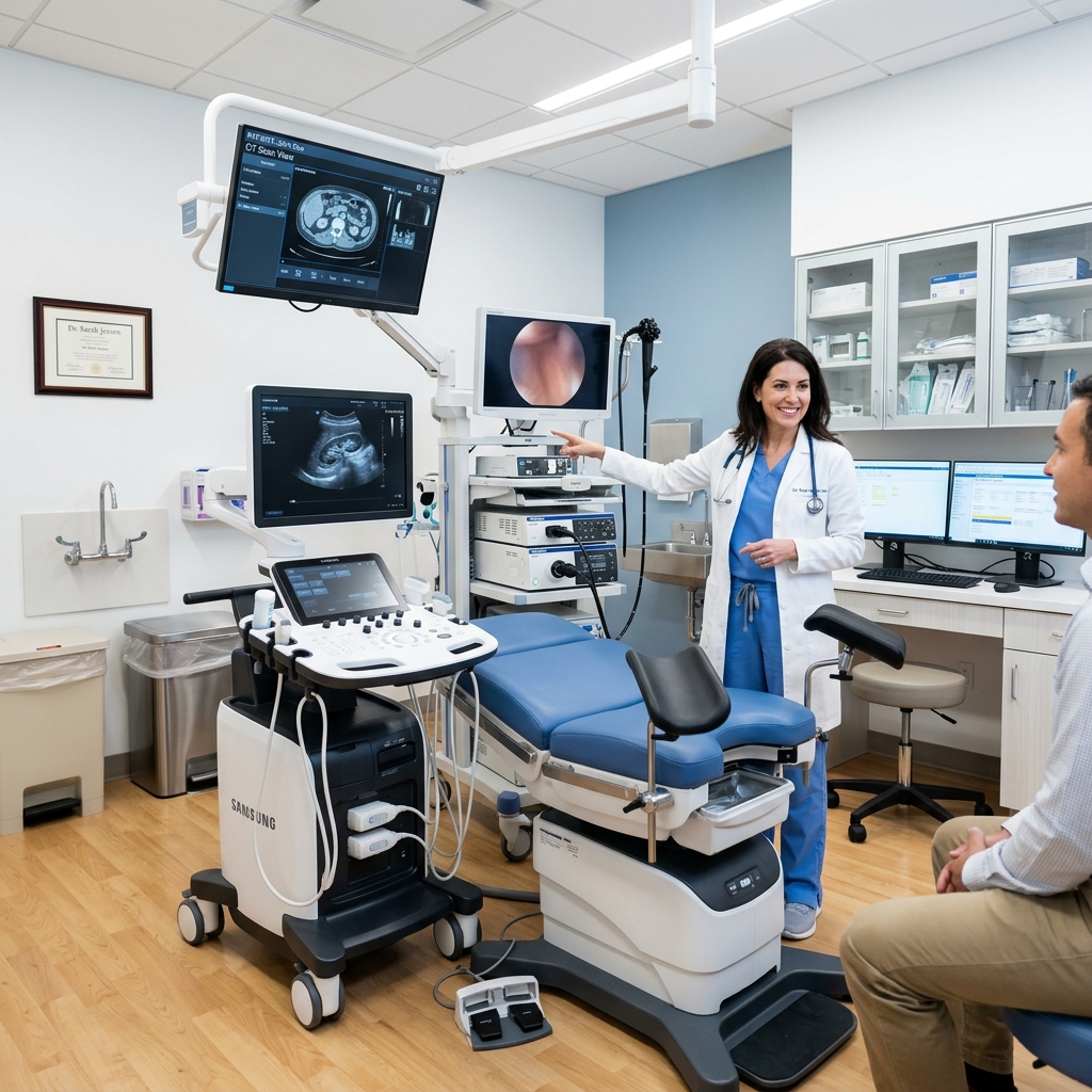 Healthcare professional in scrubs and white coat demonstrates ultrasound equipment in a clinic with a patient seated nearby.